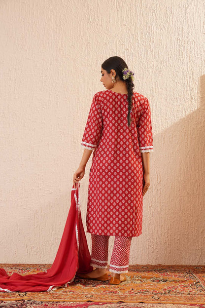 Red and White Pure Cotton Kurta Set