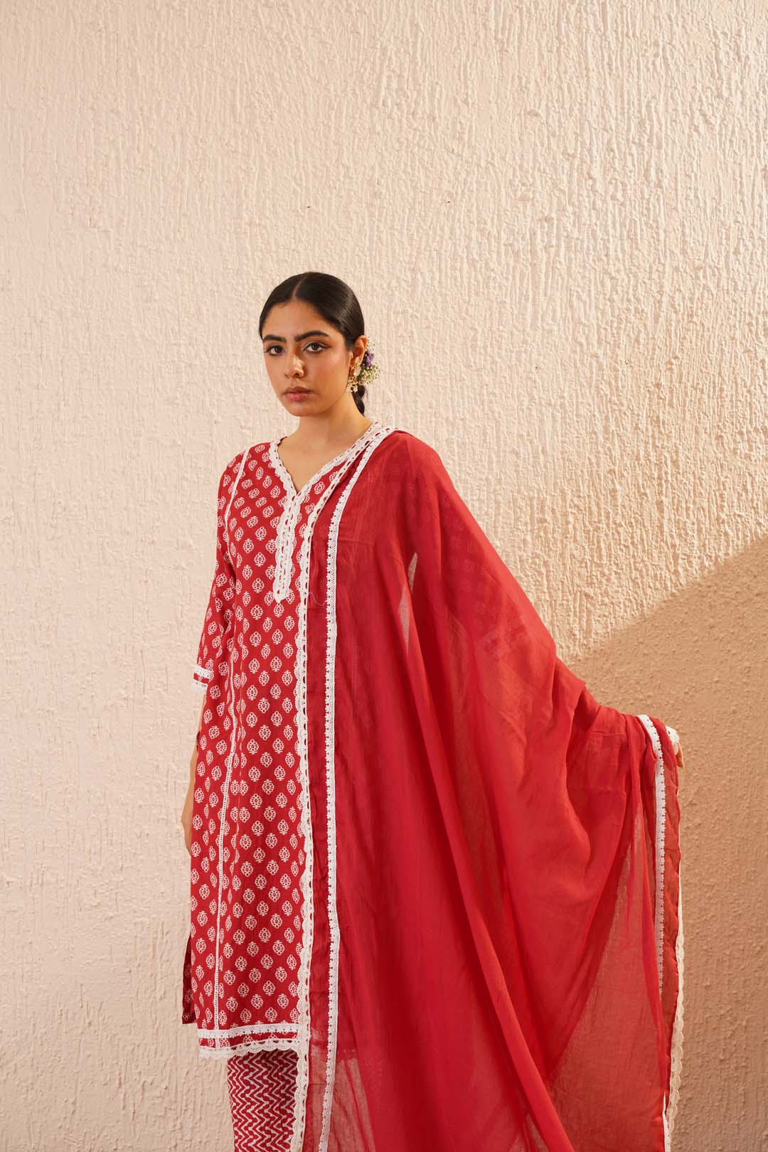 Red and White Pure Cotton Kurta Set