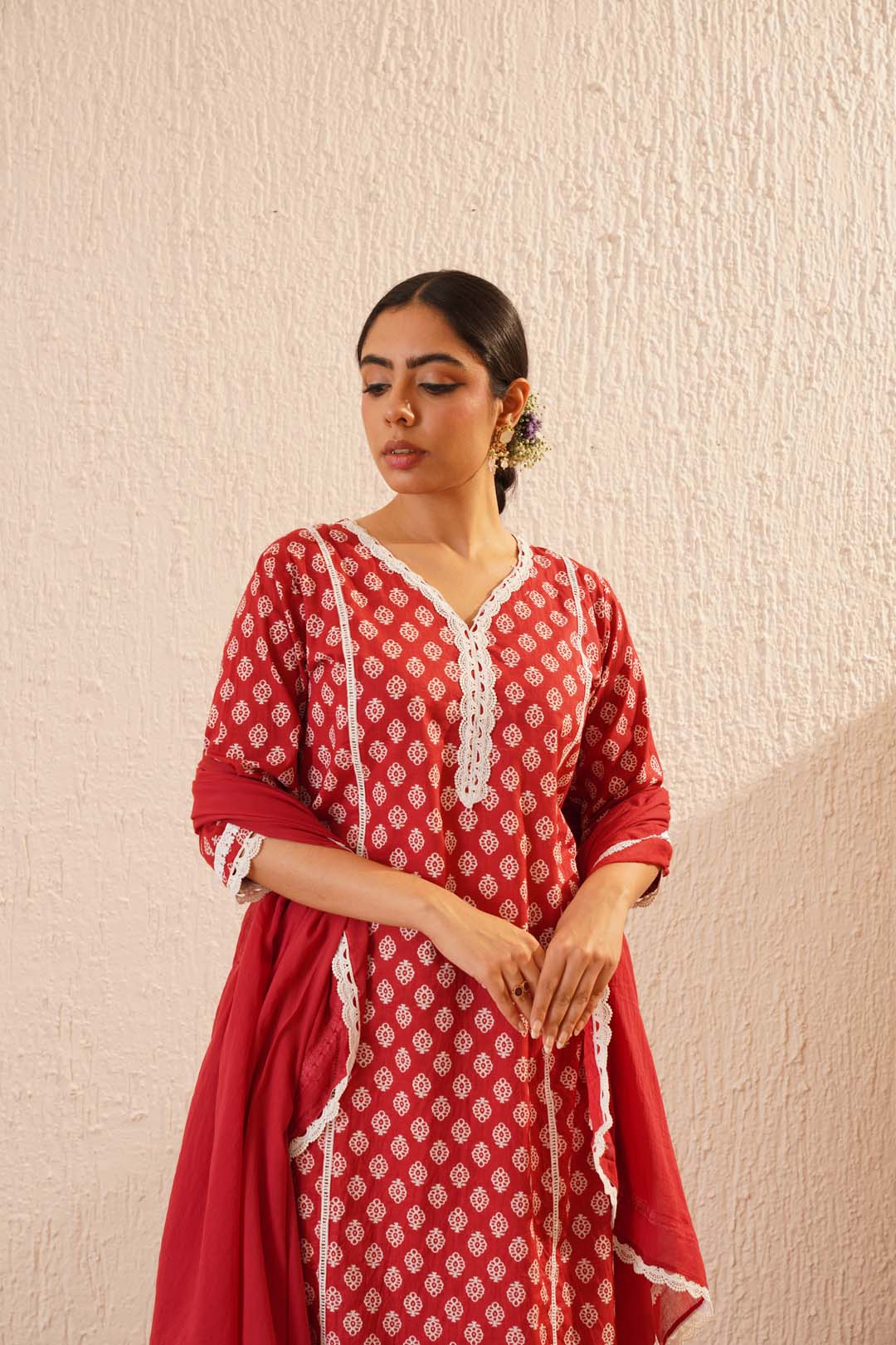 Red and White Pure Cotton Kurta Set