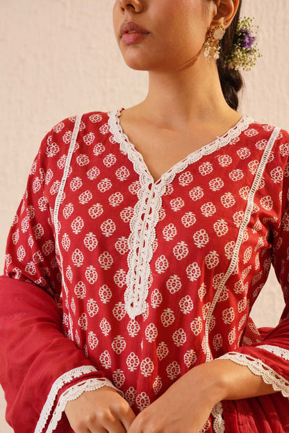 Red and White Pure Cotton Kurta Set