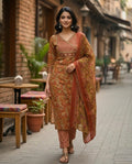 Aabroo Rust Floral Handblock Print Kurta Set