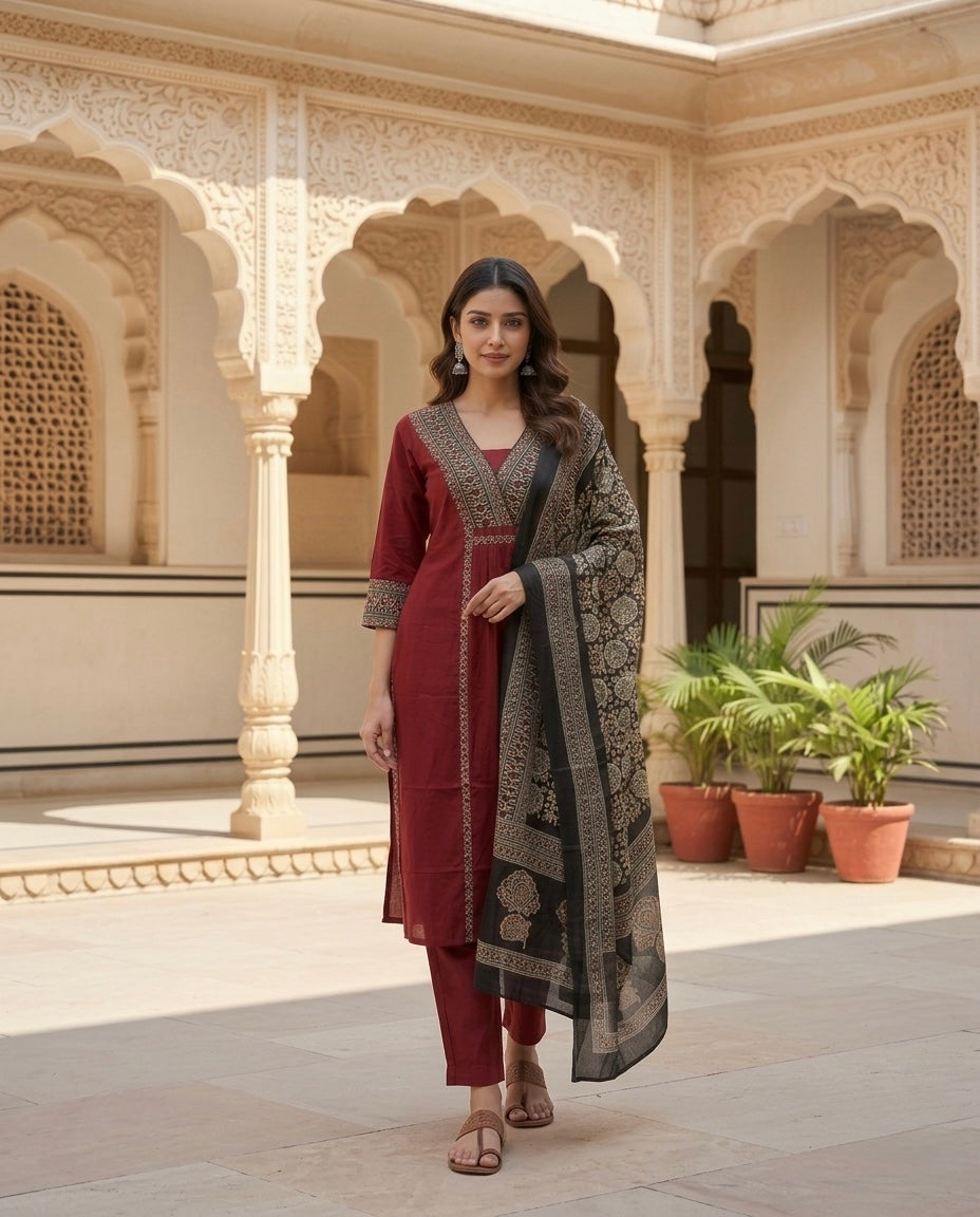 Surkh Ajrakh Handblock Print Kurta Set with Dupatta