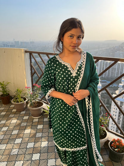 Green Bandhani Cotton Kurta Set