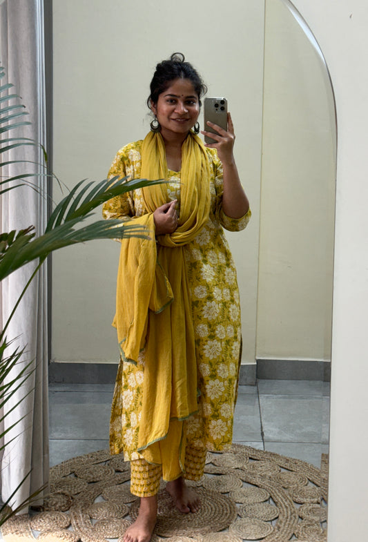 Yellow and Green Cotton Kurta Set