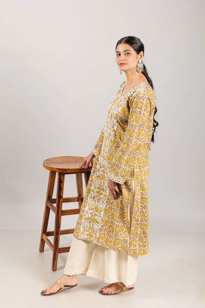 Chikankari Embroidred Ajrakh Block Printed Kurta