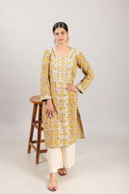 Chikankari Embroidred Ajrakh Block Printed Kurta