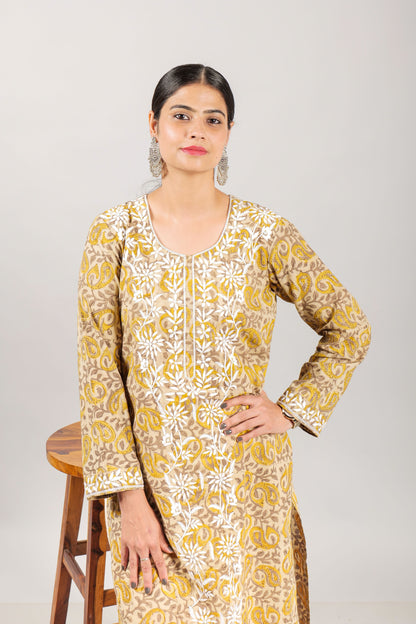 Chikankari Embroidred Ajrakh Block Printed Kurta