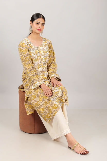 Chikankari Embroidred Ajrakh Block Printed Kurta