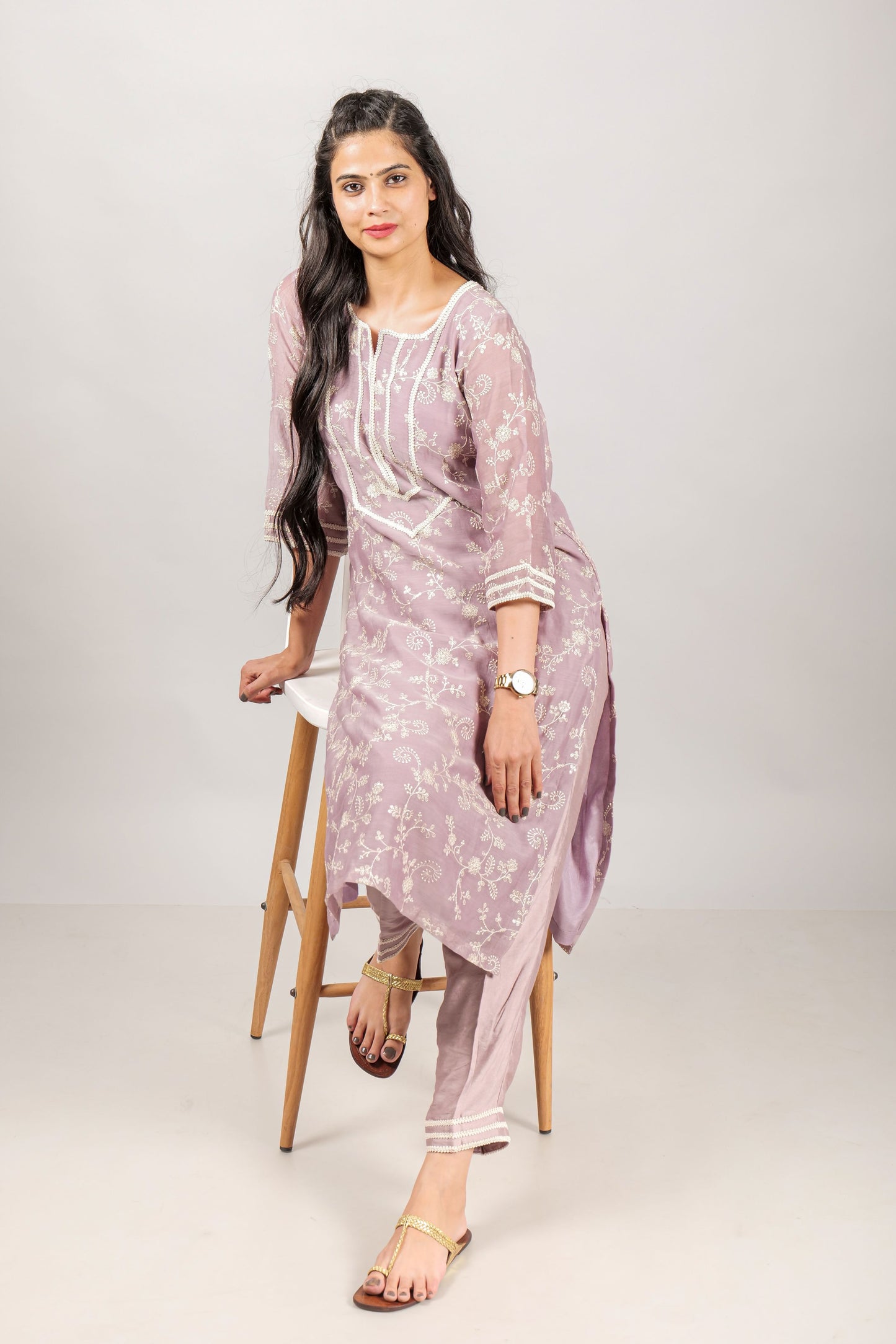 Mercerized Chanderi Thread Embroidred Kurta Set