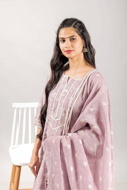 Mercerized Chanderi Thread Embroidred Kurta Set