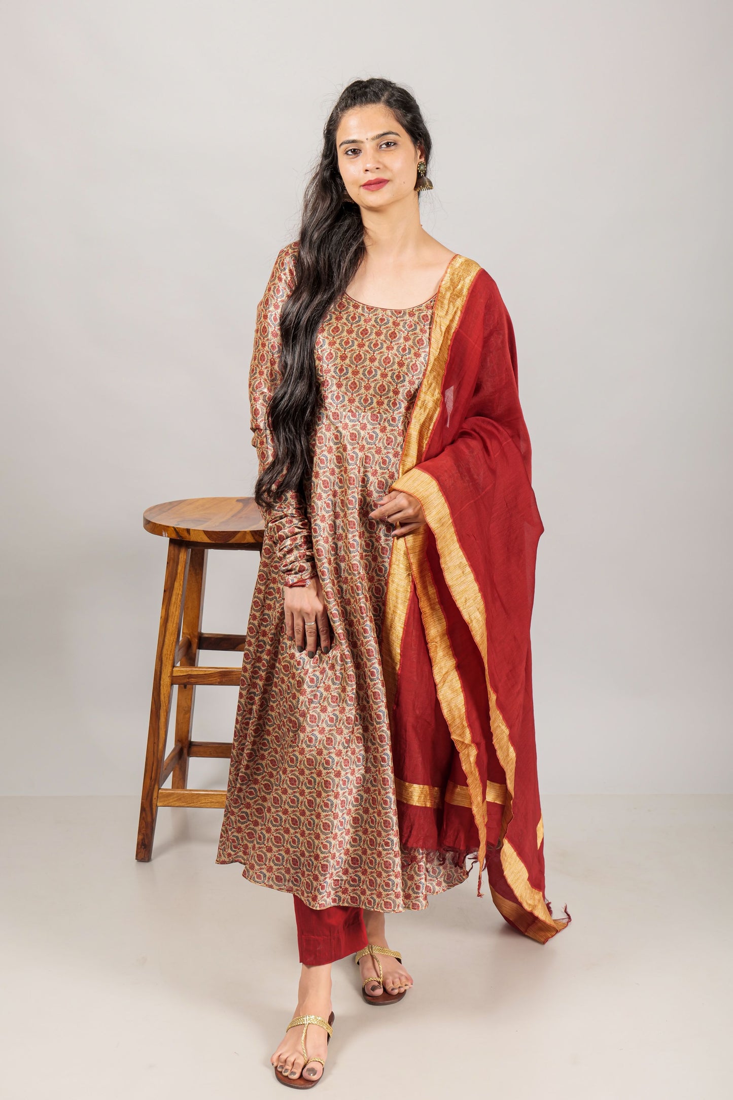 Ethnic Print Mulberry Silk Anarkali Set