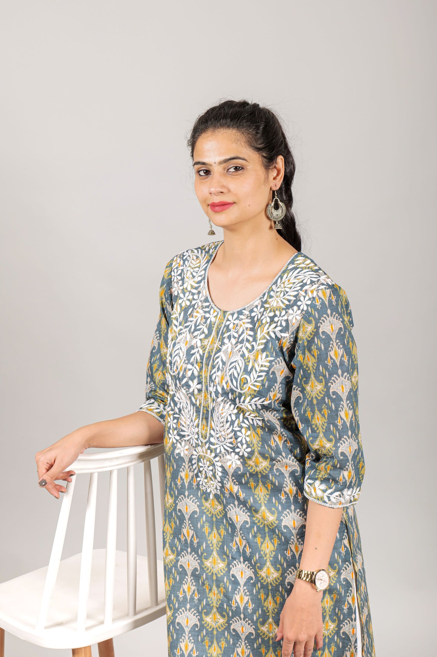 Chikankari Embroidred Ethnic Pattern Cambric Cotton Kurta