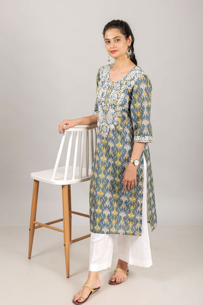 Chikankari Embroidred Ethnic Pattern Cambric Cotton Kurta