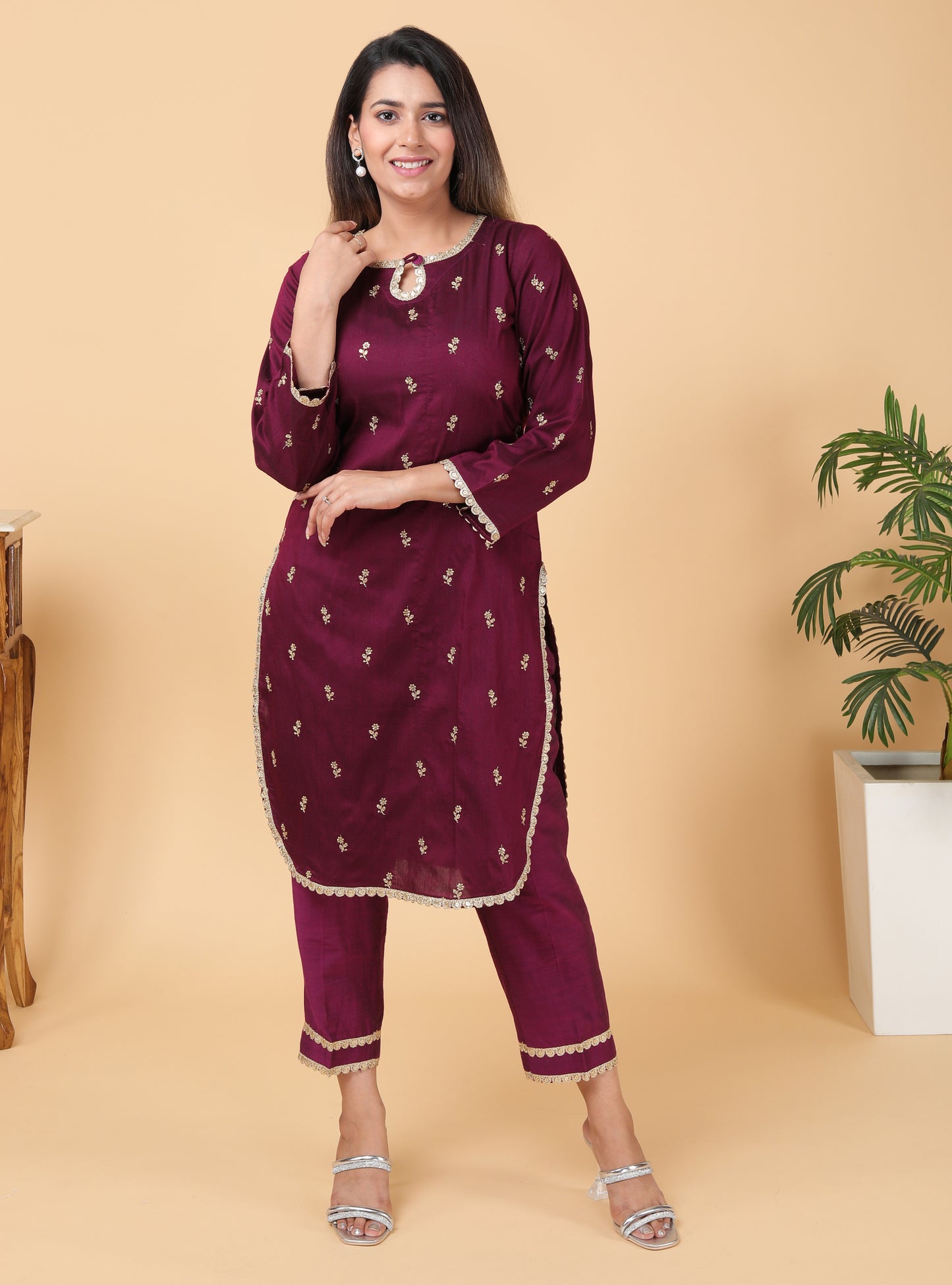 Wine Raw Silk Kurta Set