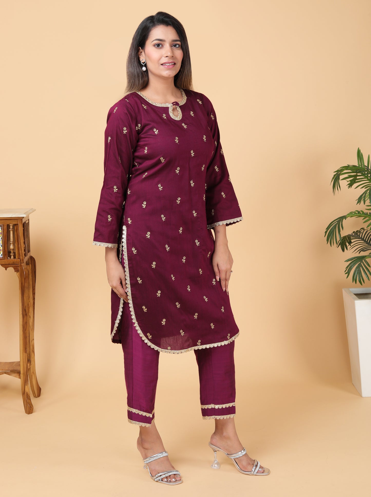 Wine Raw Silk Kurta Set