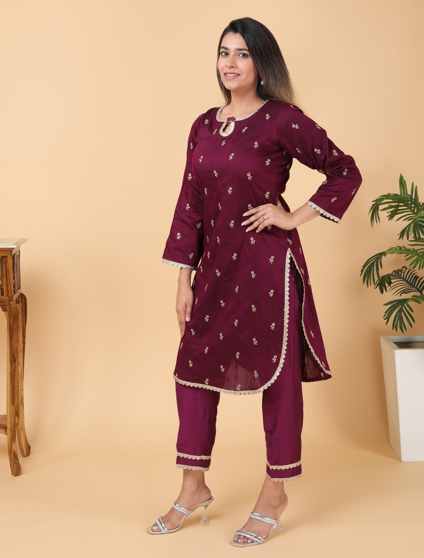 Wine Raw Silk Kurta Set