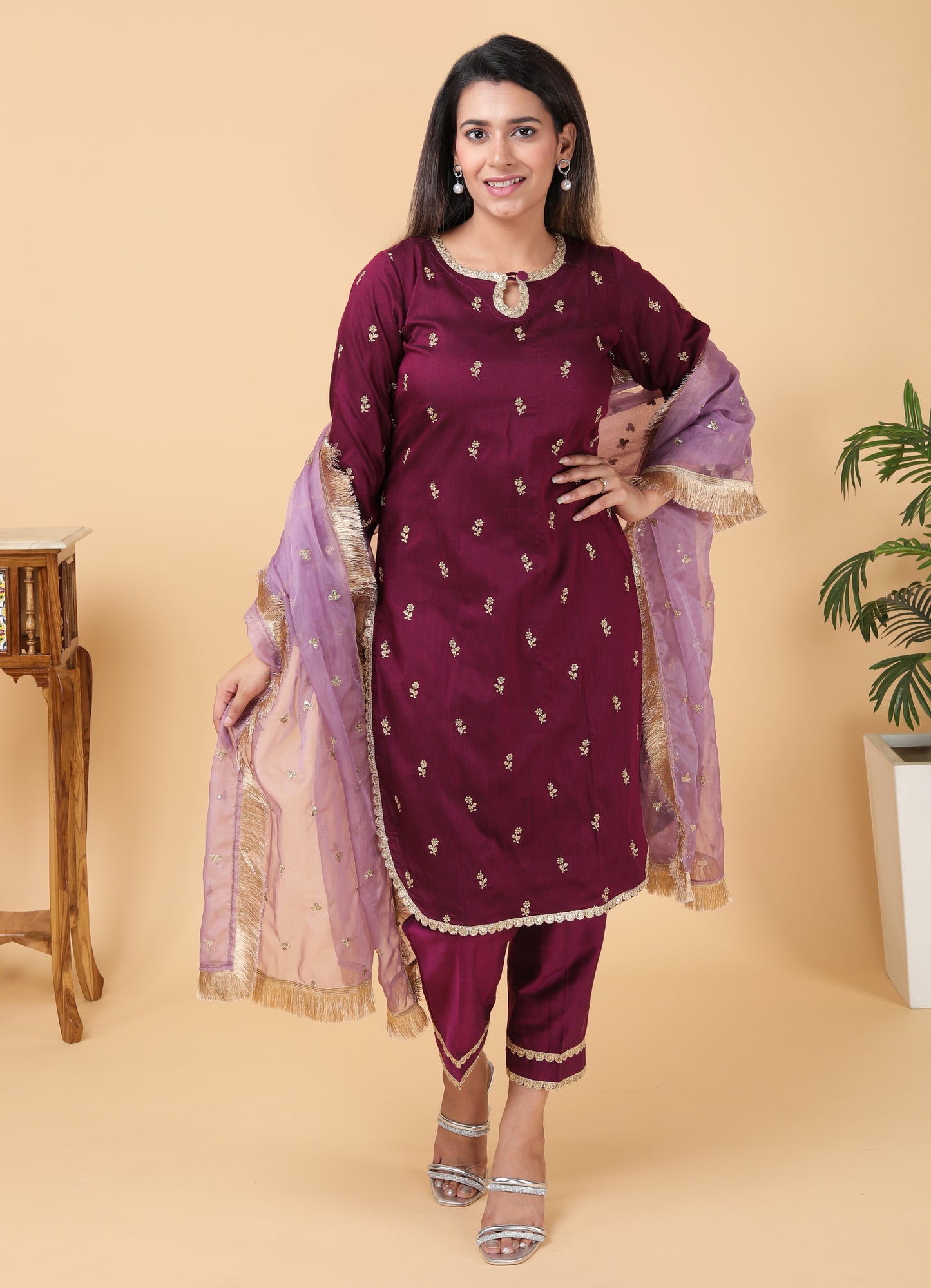 Wine Raw Silk Kurta Set