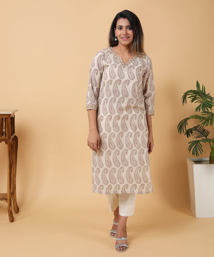 Bagh Print Sequin embroidred off-white Cotton Kurta