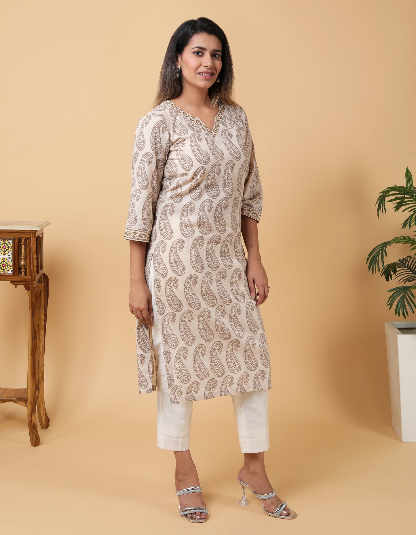 Bagh Print Sequin embroidred off-white Cotton Kurta