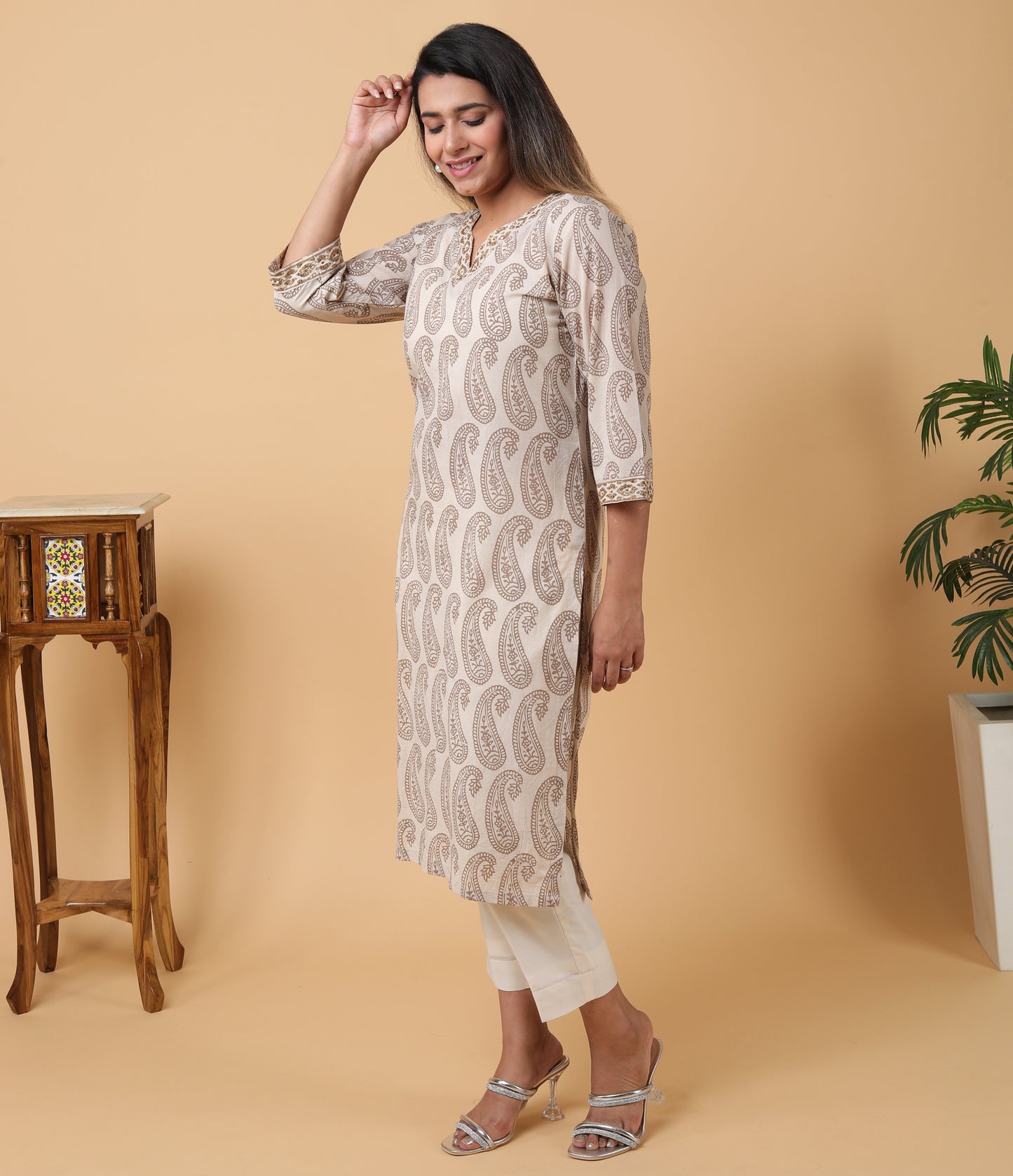 Bagh Print Sequin embroidred off-white Cotton Kurta